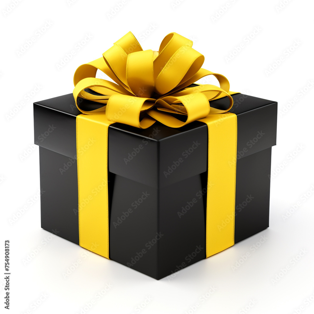 yellow gift box with black bow on white background сreated with Generative Ai yellow gift box with black bow on white background сreated with Generative Ai