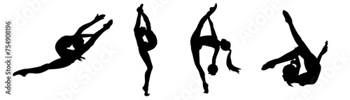 Gymnast demonstrates various poses while performing acrobatic exercises in a vector illustration against a white background