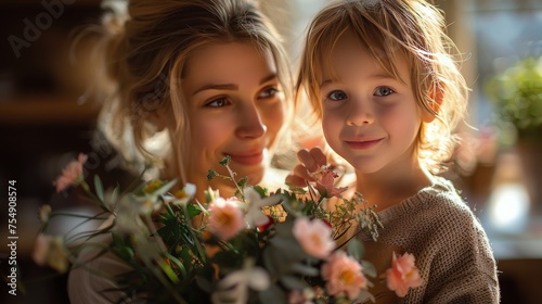 Two Young Girls Holding a Bouquet of Flowers