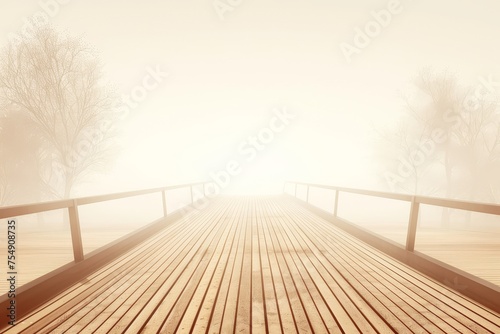 Misty wooden bridge leading into the unknown amidst autumn trees.