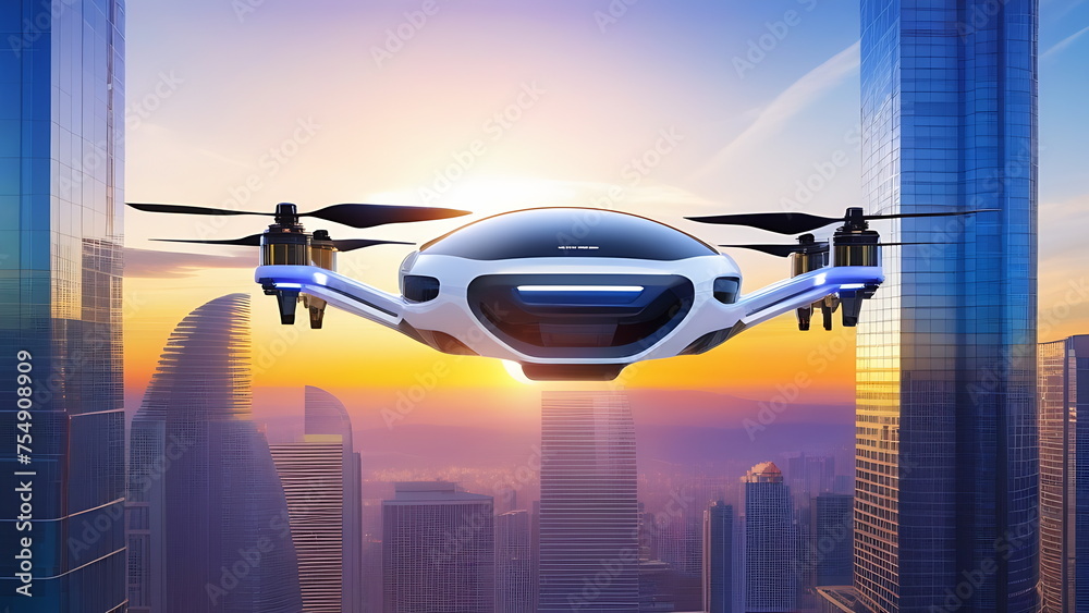 Passenger drone quadrocopter flying in the morning between skyscrapers
