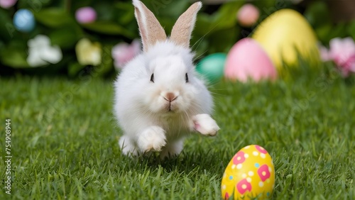 A white fluffy bunny runs across a green field next to a Easter egg. © Jex