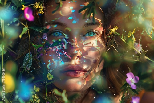 June's Blue Moon A Flower-Filled Face Generative AI