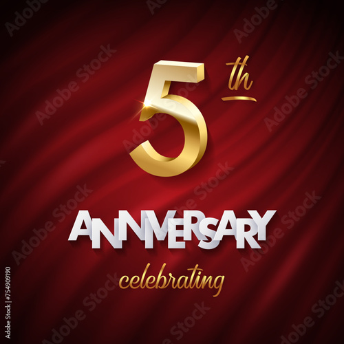 5 golden number, Anniversary white paper text and Celebrating word made of golden ribbons on red curtain background. Vector fifth anniversary celebration event square template