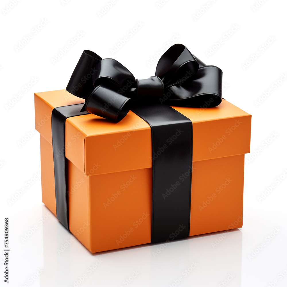 orange gift box with black bow on white background сreated with Generative Ai