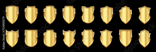 Gold metal shields with reflection in shiny frames set. Military emblem isolated on black background. Vector illustration of medieval ammunition, war trophy, heraldic symbol for badge, icon, logo