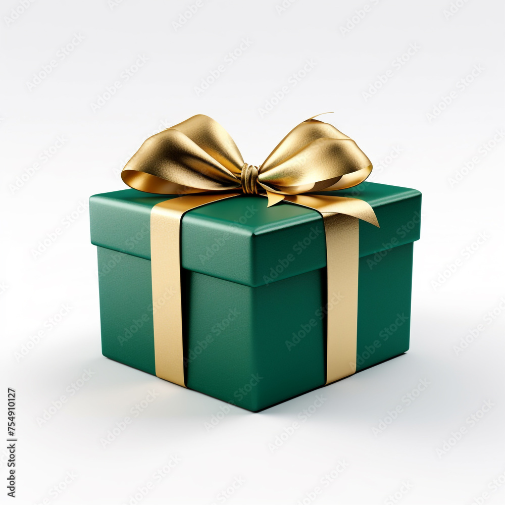 green gift box with gold bow on white background сreated with Generative Ai green gift box with gold bow on white background сreated with Generative Ai
