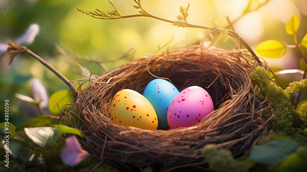 Easter eggs on green grass on a sunny day