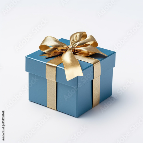 blue gift box with gold bow on white background сreated with Generative Ai © Andrii Yablonskyi