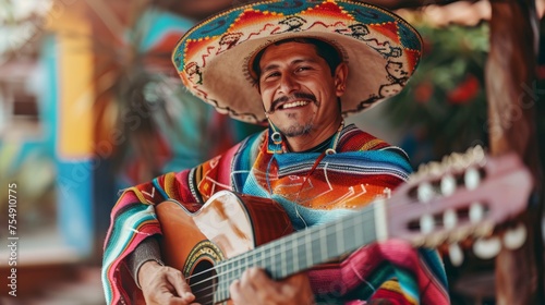 Elderly Mexican musician playing guitar, wearing a sombrero and colorful serape, joyful expression, cultural authenticity.