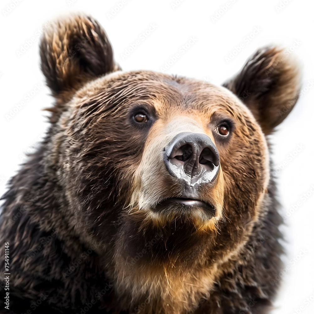Close-Up Portrait of a Brown Bear With Attentive Gaze on a White Background. AI. - obrazy, fototapety, plakaty 