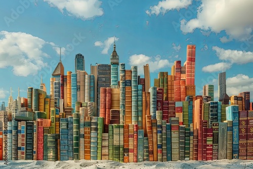 A painting depicting a city skyline entirely constructed of books, symbolizing knowledge, creativity, and imagination. Generative AI