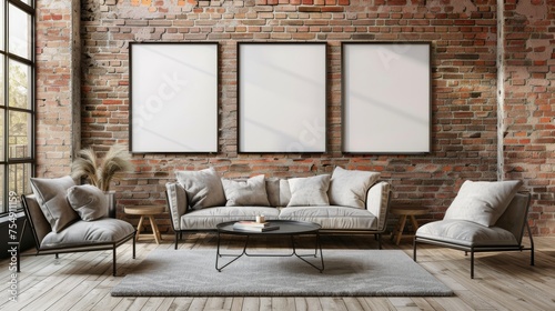 An urban loft living area with a contemporary white sofa, a tufted ottoman, and trio of blank wall mockup frames against a rugged brick wall, with a cityscape view through large windows