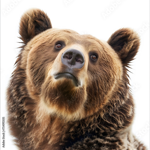 A close-up view of a brown bear showing its head and shoulders, captivates with its direct, attentive gaze. AI.