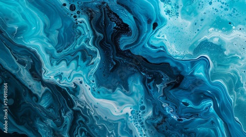 Abstract fluid art with swirling patterns of blue and gold, resembling ocean waves and sandy shores.