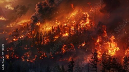 A haunting view of a forest ablaze with fire, illuminating the night with fierce orange flames, highlighting the severity of wildfires