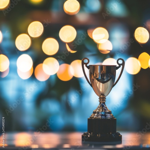 A wide angle shot capturing a winners award from an unconventional perspective with bokeh in the foreground