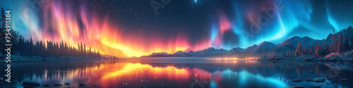 panorama with northern lights in night starry sky over lake with mountains in winter photo