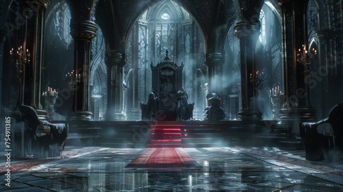 A dark fantasy throne room bathed in icy light, crimson carpet leading the eye; fitting for a fantasy game's stronghold.