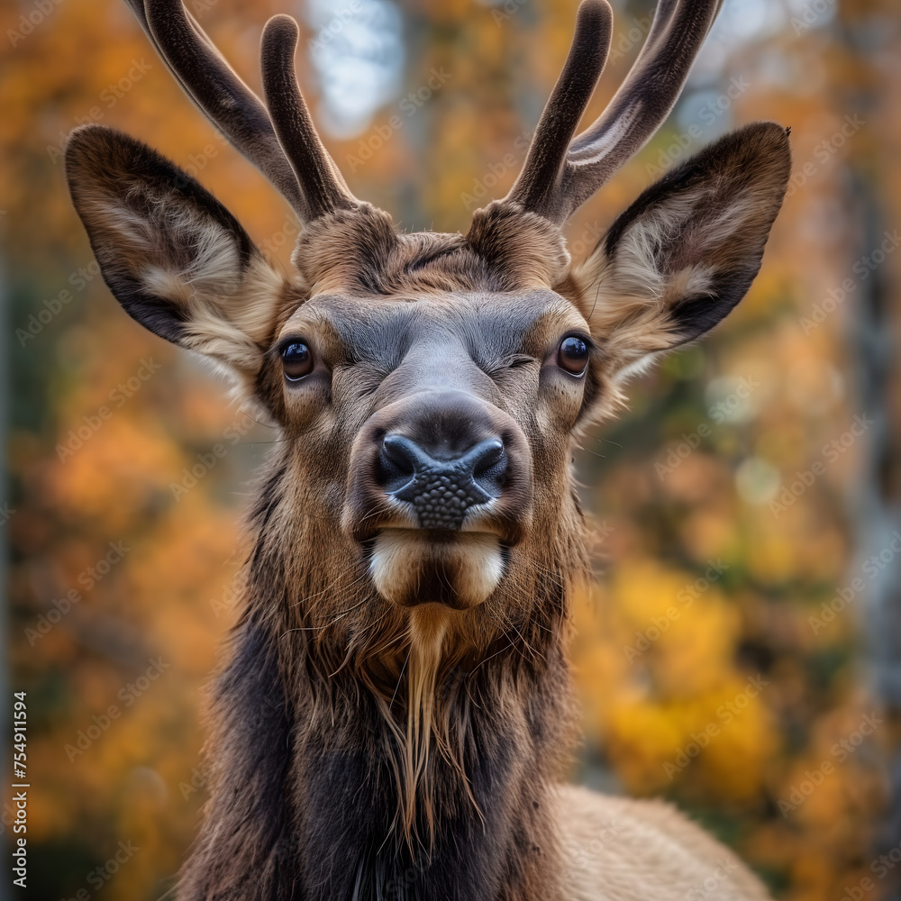 Close-Up of a Majestic Elk in a Golden Autumn Forest at Daybreak. AI.