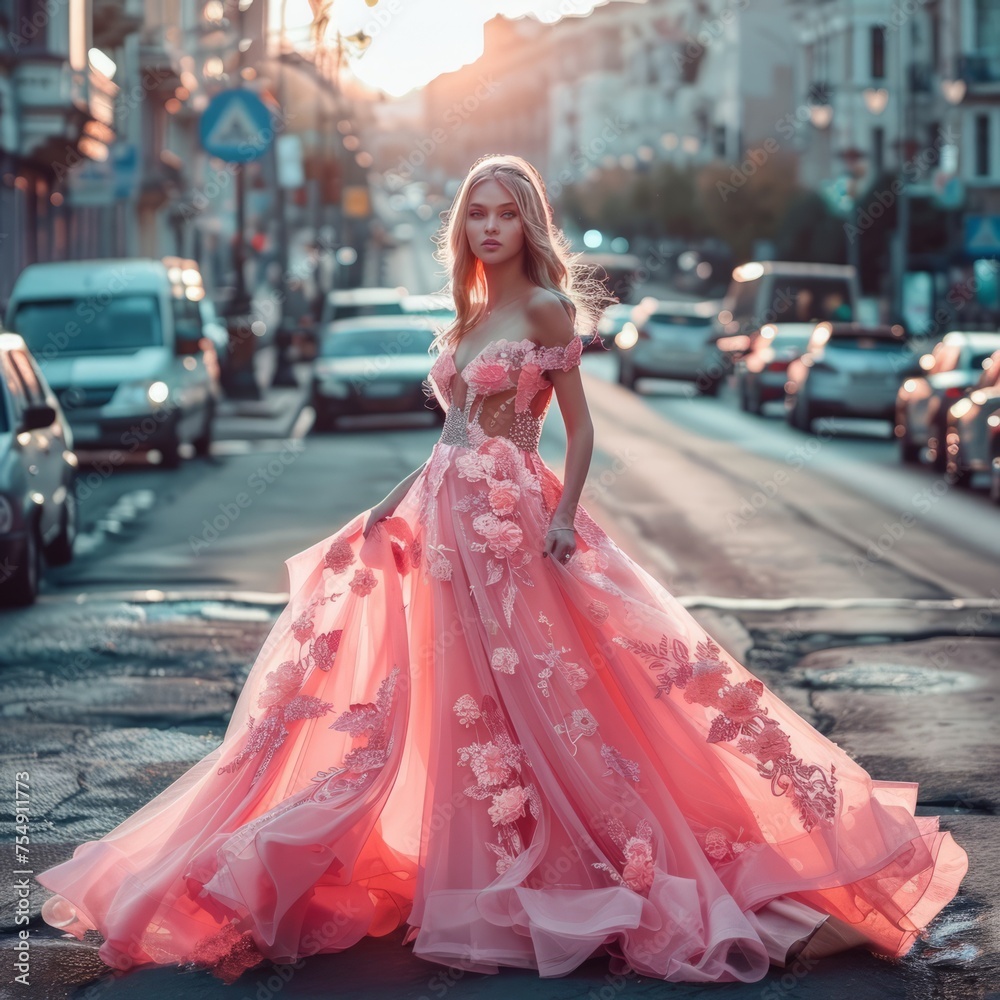 A striking bride in a pink gown walks in a city street at sunset, contrasting traditional bridal themes with a modern flair. A striking bride in a pink gown walks in a city street at sunset, contrasting traditional bridal themes with a modern flair.