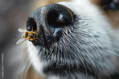 Close up of bee sitting on dog nose photo