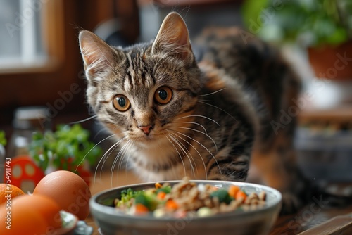bicolor cat eagerly approaches a bowl of homemade food photo