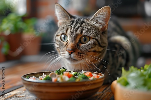 bicolor cat eagerly approaches a bowl of homemade food photo