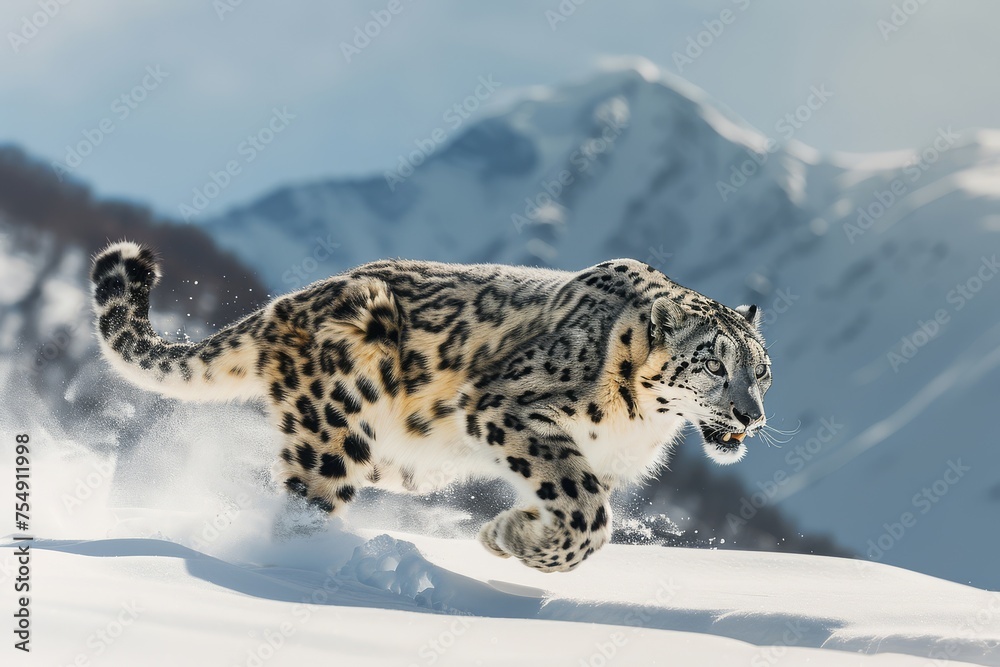 Obraz premium Snow leopard in mid-pounce against a snowy mountain backdrop, exuding wild elegance.