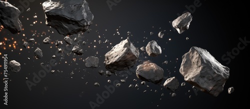Numerous rocks are soaring through the darkness against a black background, creating a mysterious and intriguing event in nature