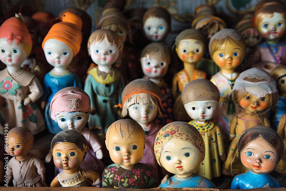 Craft an enchanting portrait showcasing a childs collection of colorful lead dolls