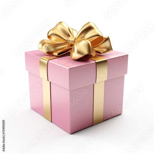 pink gift box with gold bow on white background сreated with Generative Ai © Andrii Yablonskyi