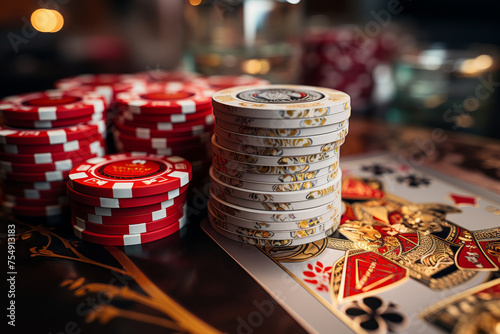 Close-up of vibrant casino chips stacked on a gambling table, colorful chip stacks background and gambler's hands. poker texas hold 'em strategy hand investment investment pot photo