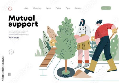 Mutual Support: Community yard improvement -modern flat vector concept illustration of people planting trees and plants A metaphor of voluntary, collaborative exchanges of resource, services