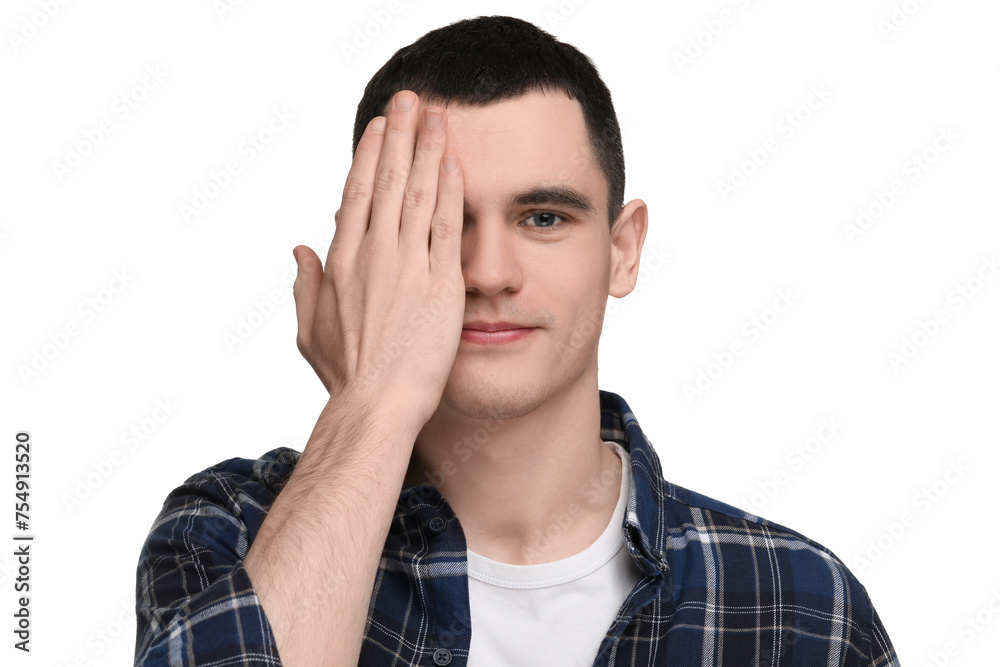 Young man covering his eye on white background Young man covering his eye on white background