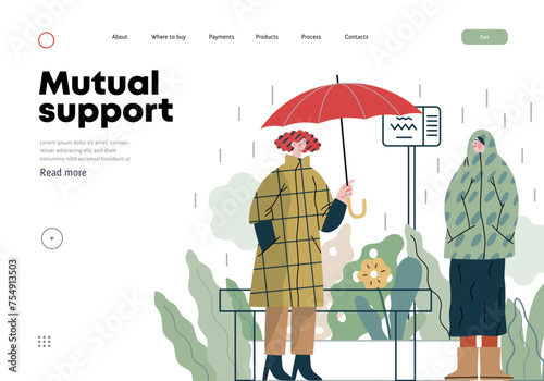 Mutual Support: Offer an umbrella to a stranger -modern flat vector concept illustration of a at a bus stop in the rain offering an umbrella A metaphor of voluntary, collaborative exchanges
