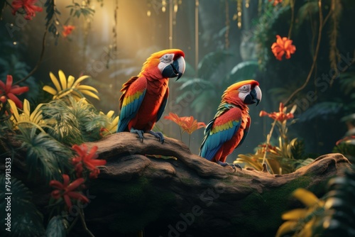 Exotic Beautiful tropical parrots. Wildlife birds. Generate Ai
