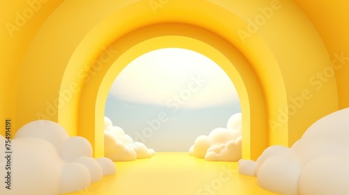 Yellow 3d render, abstract minimal white clouds flying out the tunnel