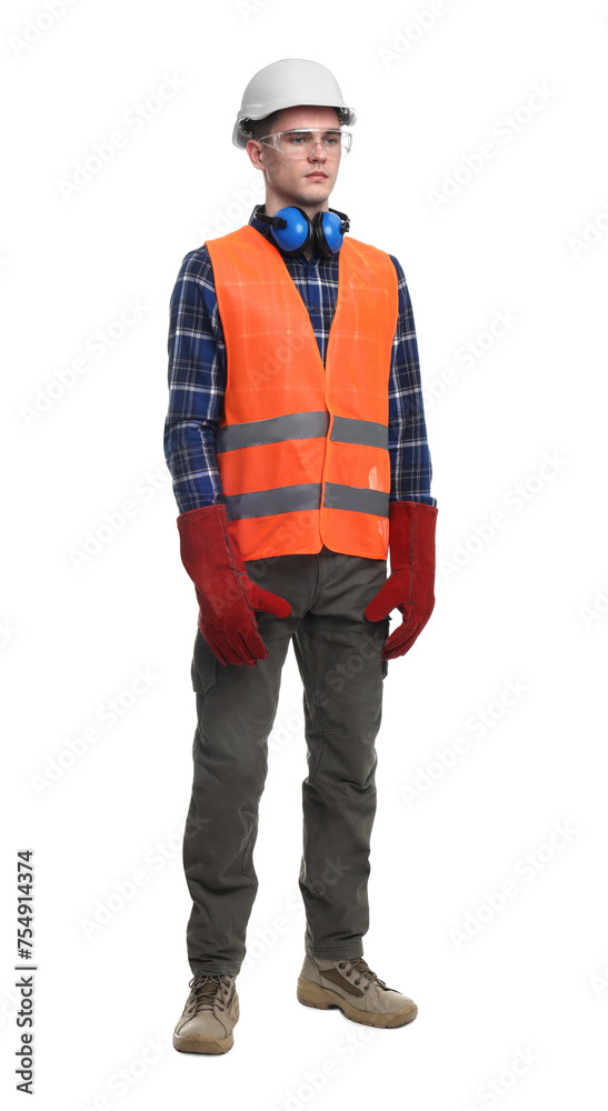 Young man wearing safety equipment on white background Young man wearing safety equipment on white background