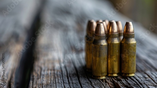 Military Firepower: Cartridges for Rifle on Wooden Background