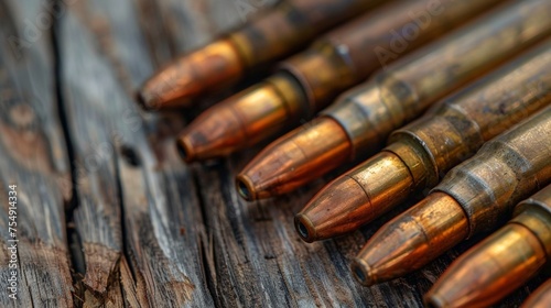 Military Firepower: Cartridges for Rifle on Wooden Background