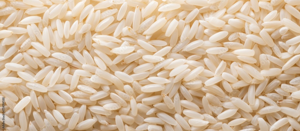 A close up of a pile of beige rice, a staple food in cuisine. The grains create a beautiful pattern resembling grass, perfect for any event or dish A close up of a pile of beige rice, a staple food in cuisine. The grains create a beautiful pattern resembling grass, perfect for any event or dish