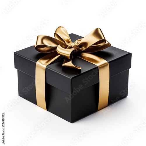black gift box with gold bow on white background сreated with Generative Ai