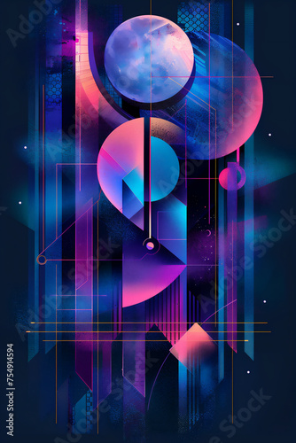 Deconstructed postmodern inspired abstract poster with abstract symbols and bold geometric shapes, retro futurism, blue and purple, vertical composition photo