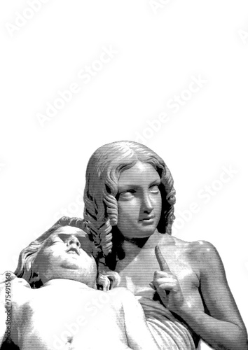 Black and White coloured Statue of angel making shush gesture with child in her lap illustration vectoral horizontal lines photo