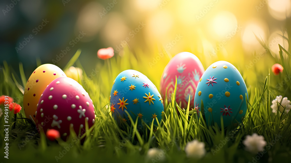 Easter eggs on green grass on a sunny day Easter eggs on green grass on a sunny day