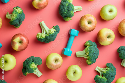 Creative flat lay composition on healthy lifestyle theme: apples, broccoli, and dumbbells, on bright pink background,