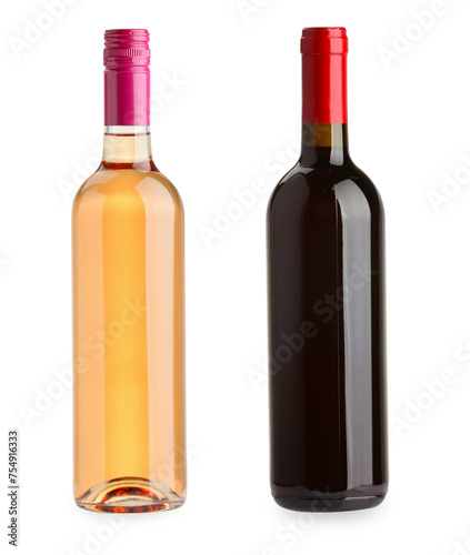 Bottles of rose and red wine isolated on white