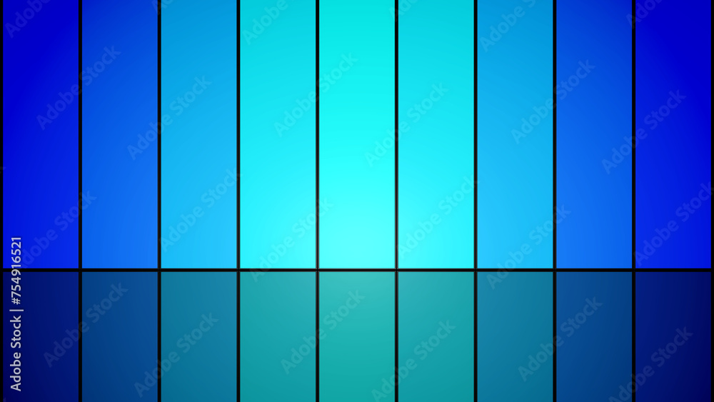 Wand mit leuchtend türkisen und blauen Paneelen und glänzender dunkler Boden Wand mit leuchtend türkisen und blauen Paneelen und glänzender dunkler Boden