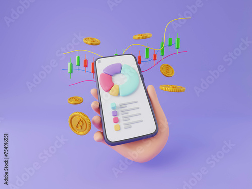 3D hand holding mobile phone, stock trading for business investment and exchange trader with money coin and crytocurrency transaction concept, 3D render illustration photo